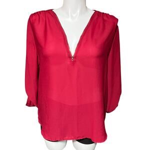 Womens Boutique Blouse Top Zipper Accent V Neck Sheer Roll Tab Sleeves Red